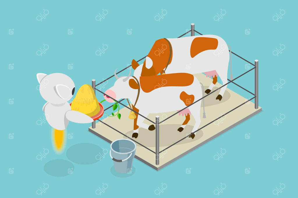 تصویر سه‌بعدی ایزومتریک از کشاورزی هوشمند و اتوماتیک و مدیریت سلامت دام‌ها