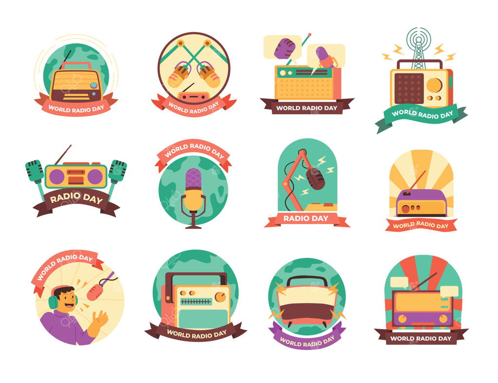 مجموعه طراحی نشان روز جهانی رادیو. کلکسیون رادیوهای قدیمی با نوارهای روبان خالی. نماد دستگاه گیرنده کلاسیک رادیو.