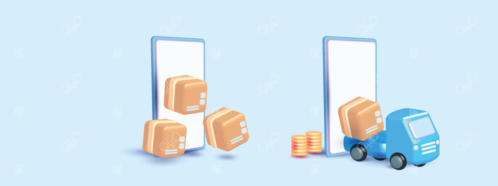 بسته‌های پستی بسته‌بندی شدند و موبایل تحویل داده شد: فروش آنلاین فروشگاه، برنامه کاربردی آبی حمل‌ونقل سه‌بعدی و نشانگر نقشه، ایزوله شده.