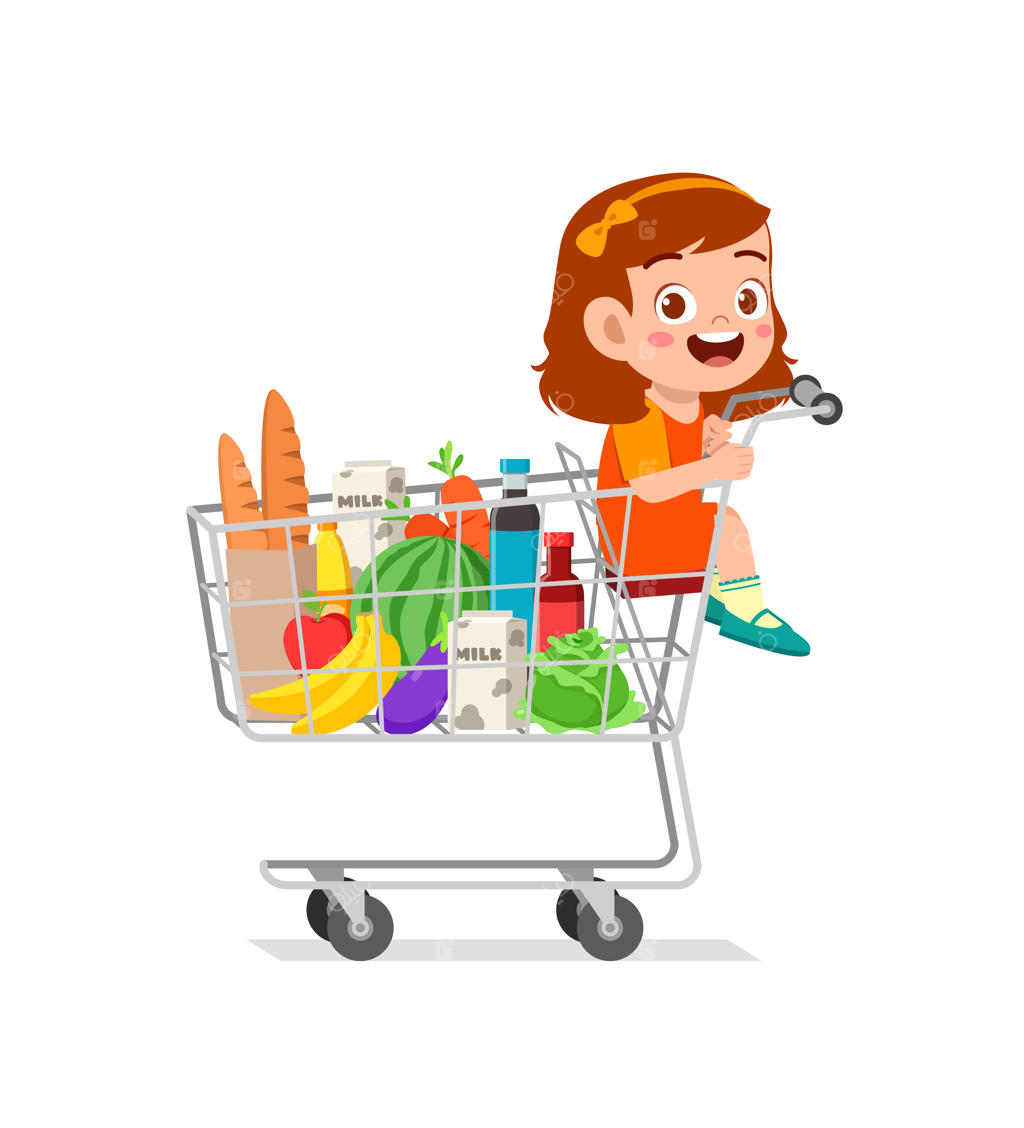 دختر کوچولوی بامزه روی چرخ دستی خرید نشسته است