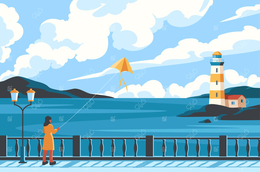 زن در حال به پرواز درآوردن بادبادک از اسکله با چشم‌انداز طبیعی زیبا از دریا و کوه‌ها