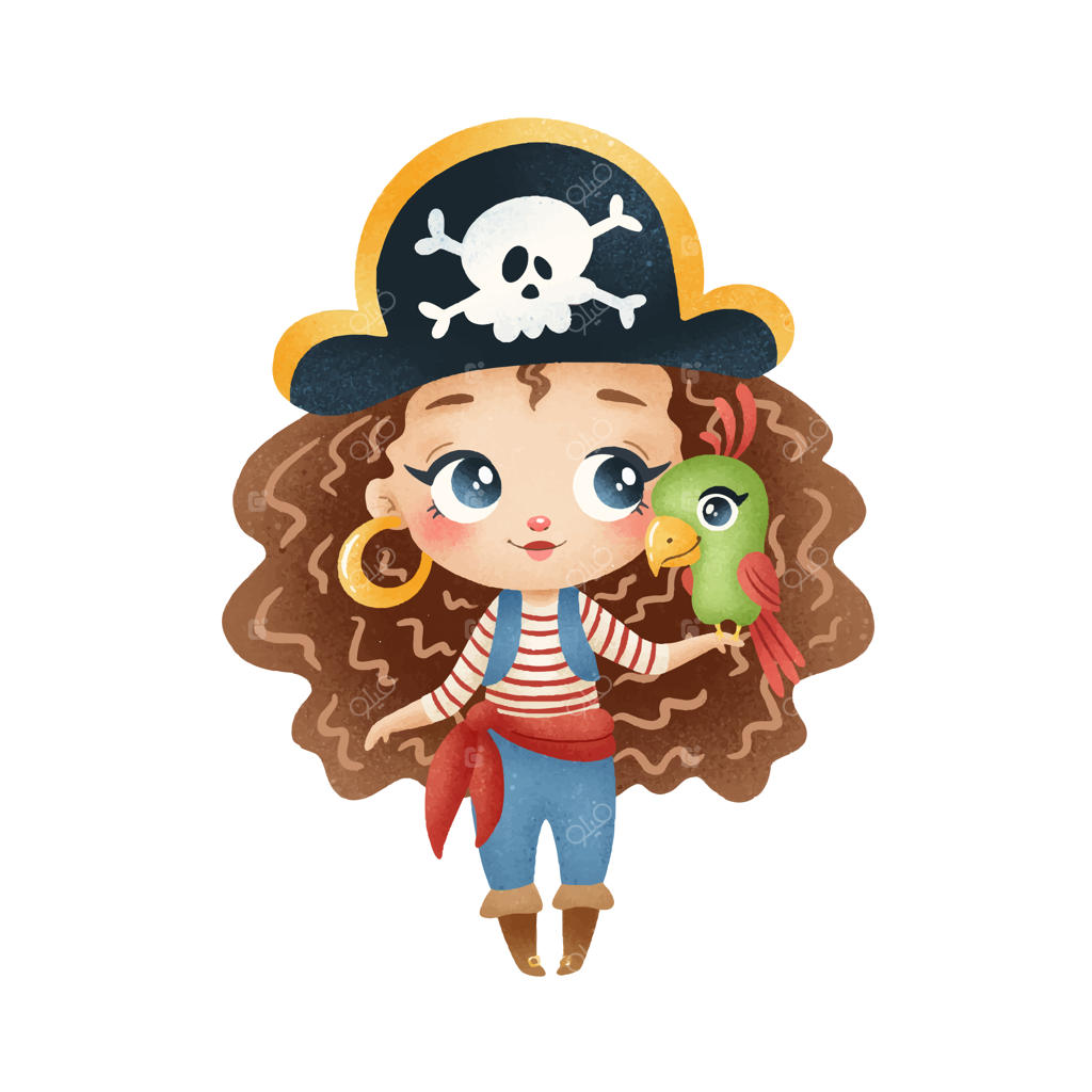 دختر دزد دریایی کارتونی بامزه روی زمینه سفید