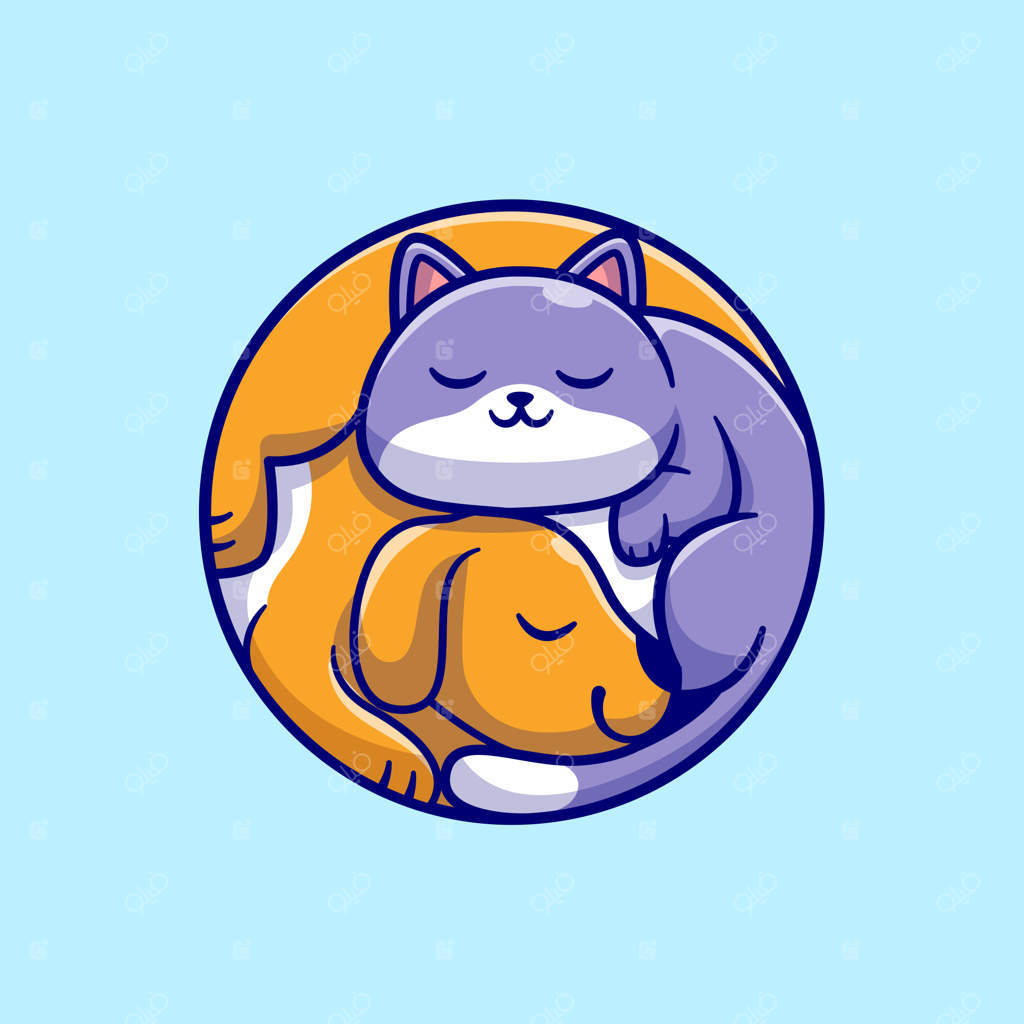 تصویر کارتونی بامزه گربه و سگ که کنار هم خوابیده‌اند - آیکون حیوانات و طبیعت