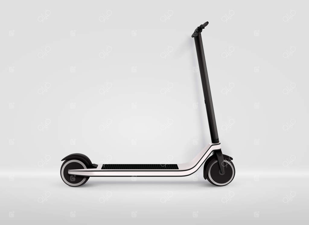 نمای جانبی اسکوتر برقی روی پس‌زمینه خاکستری - تصویر واقع‌گرایانه و تک‌رنگ وکتور