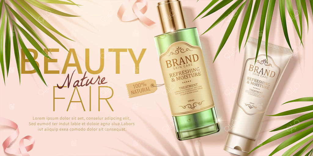 تبلیغات مراقبت از پوست با برگ‌های نخل و روبان در طراحی سه‌بعدی