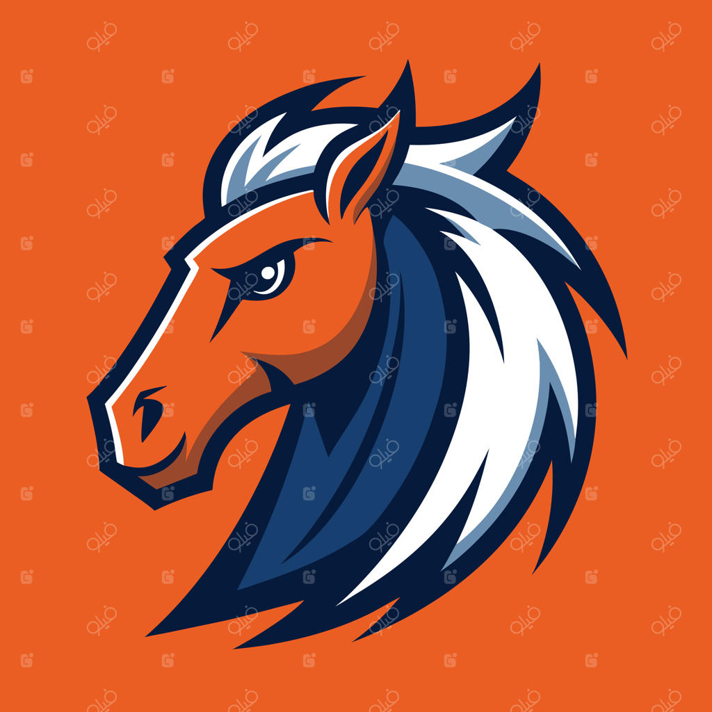 لوگوی سر اسب مدرن، تصویر قدرتمند استالیون، گرافیک جسورانه حیوان اسب، نماد تیم ورزشی، طراحی در پس‌زمینه نارنجی برای برندینگ.