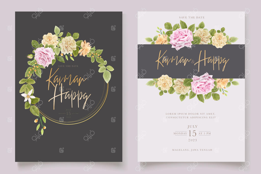 ست دعوتنامه عروسی گل رز ملایم با آبرنگ‌های ظریف