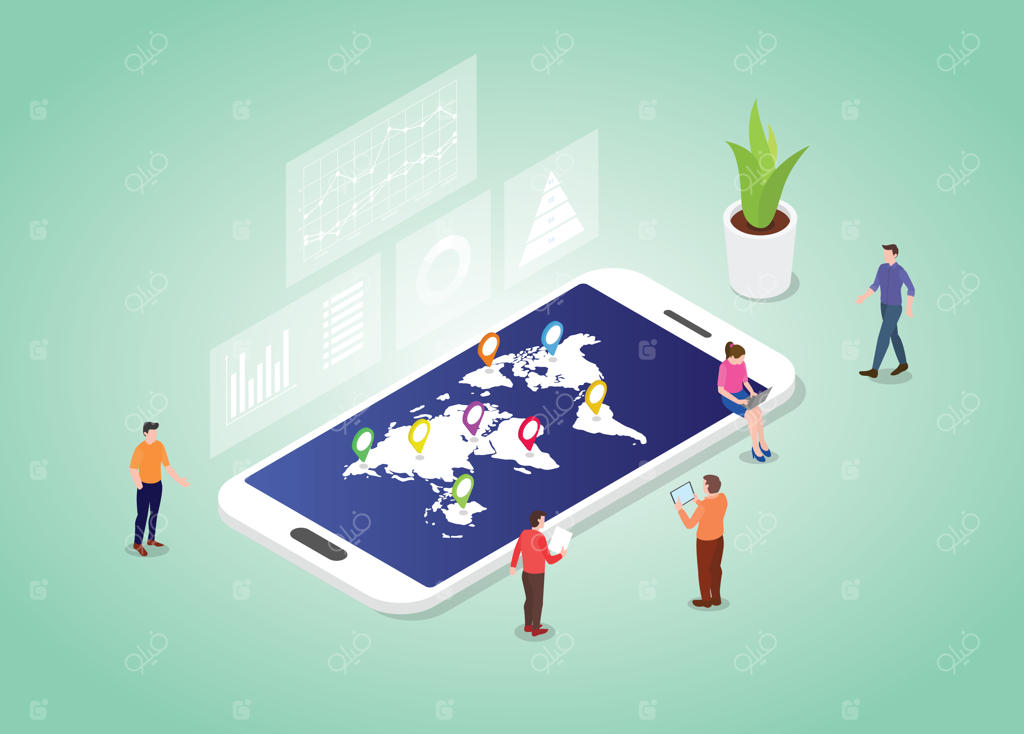 مفهوم آمار جهانی با نقشه جهان و داده‌ها به سبک ایزومتریک مدرن