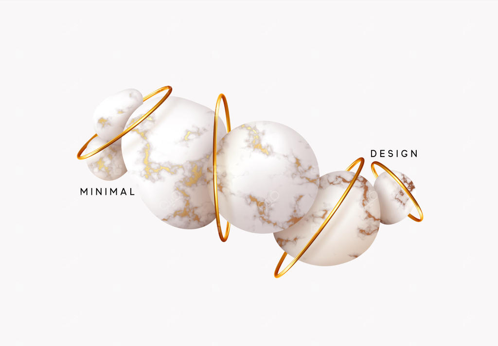 پس‌زمینه انتزاعی با توپ‌هایی در حلقه‌های طلایی و بافت مرمر، طراحی مدرن با الگوی سنگ گرانیت. پوستر هنری مینیمال و مد روز با اشیاء سه‌بعدی واقعی. طرح وکتور با کره‌های سفید نرم