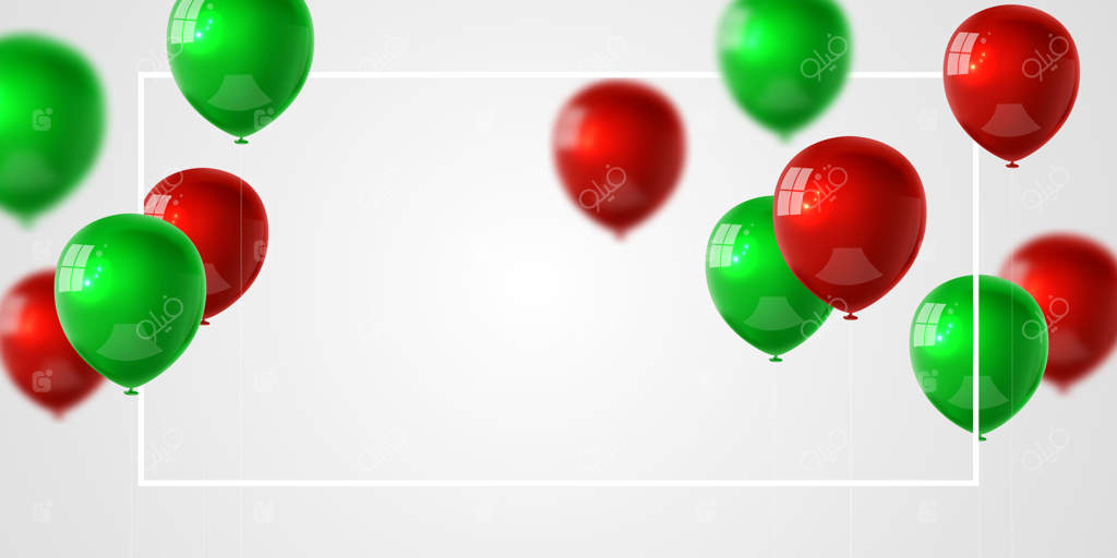 بنر جشن همراه با پس‌زمینه بادکنک‌های سبز و قرمز. فروش ویژه. کارت افتتاحیه شیک و مجلل.