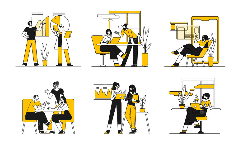 مجموعه‌ای از صحنه‌های دفتر: مذاکره، طوفان فکری، جلسات کاری و هم‌اندیشی