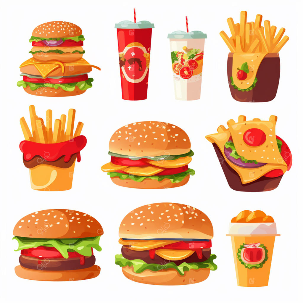 وکتور آیکون همبرگر و تصویرسازی فست‌فود، پیتزا و ساندویچ برای منوی رستوران