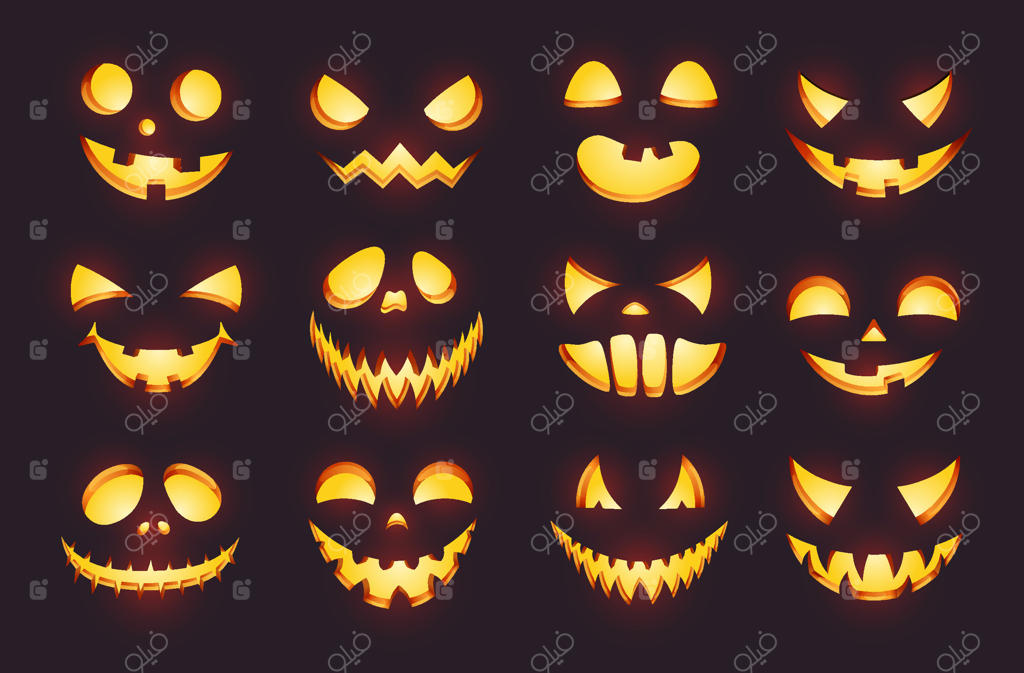 صورتک‌های روشن جک-او-لنترن در سبک‌های مختلف بر روی زمینه تاریک، ایده‌آل برای طراحی‌های هالووین و تم‌های مهمانی. تصویرسازی.
