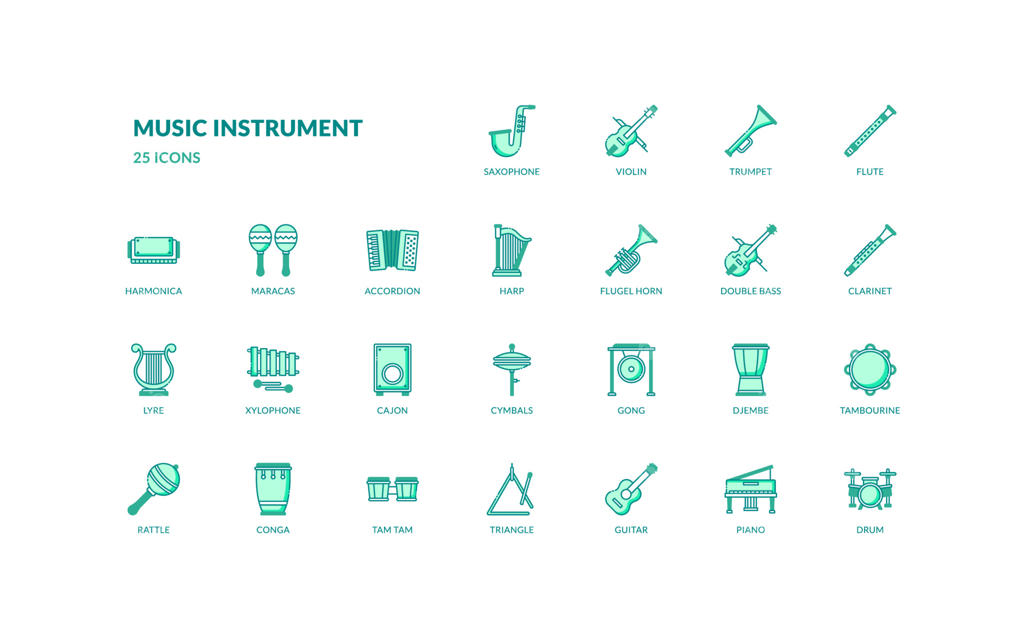مجموعه آیکون‌های پرجزئیات ابزار موسیقی، کنسرت و سرگرمی با رنگ غالب سبز