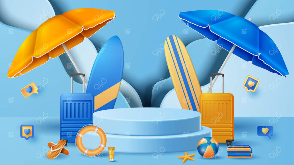 پس‌زمینه تزئینی نمایشگاه تابستانی با طرح ساحل - تصویرسازی سه‌بعدی وکتور