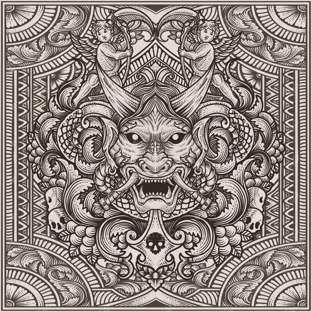 تصویرسازی وکتور ماسک شیطانی ژاپنی با طرح حکاکی قدیمی - مناسب برای تجارت و کالاهای تیشرت شما