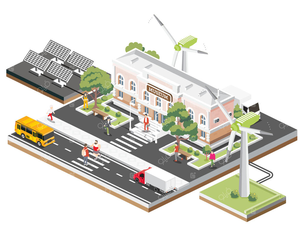 ساختمان موزه ایزومتریک: یک تصویرسازی - بنای کلاسیک با ستون‌ها، محصور درختان، ماشین‌ها و افراد. پانل‌های خورشیدی و توربین‌های بادی. حفظ محیط زیست و انرژی پایدار.