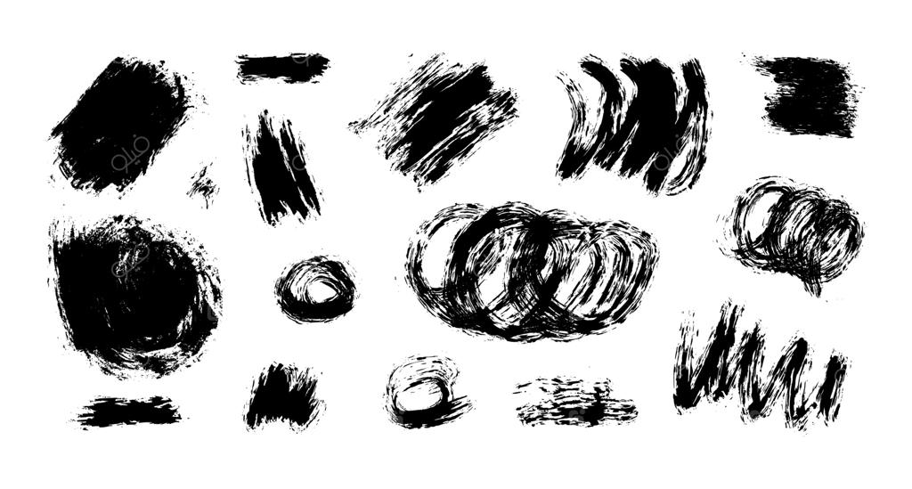 مجموعه‌ای از خطوط و اشکال زغالی: خطوط، خطوط منحنی، پیچش‌ها و اشکال انتزاعی. طرح‌های دستی رسم شده با مداد یا زغال. دایره‌ها، خط‌خطی‌ها و لکه‌ها روی زمینه سفید.