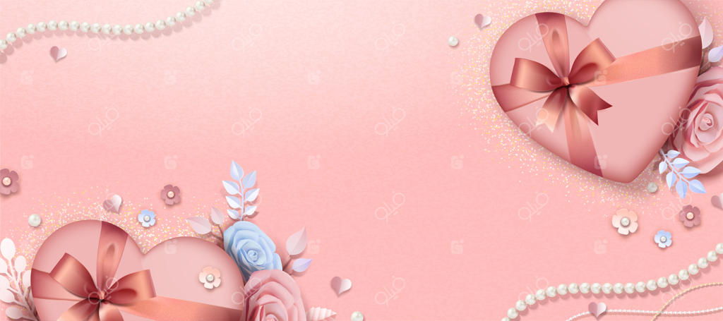 طراحی بنر جعبه هدیه روز ولنتاین و گل‌های کاغذی، تصویر سازی سه‌بعدی