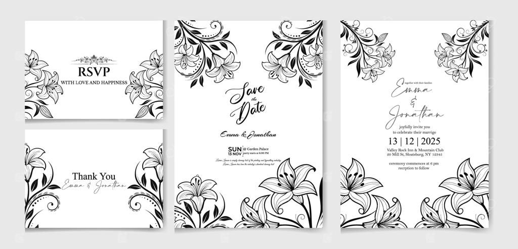 الگوی دعوتنامه عروسی با طرح دستی ظریف گل لیلیوم