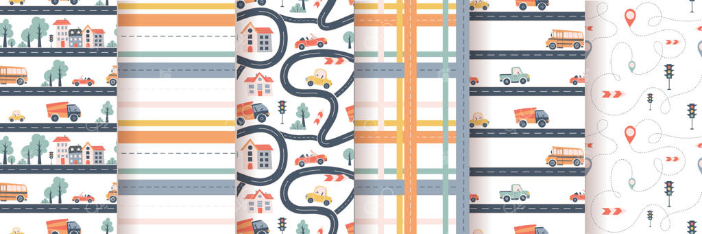 مجموعه الگوهای بدون درز کودکانه با ماشین، اتوبوس و جاده - مناسب برای پارچه، کاغذ دیجیتال و کارت‌ها
