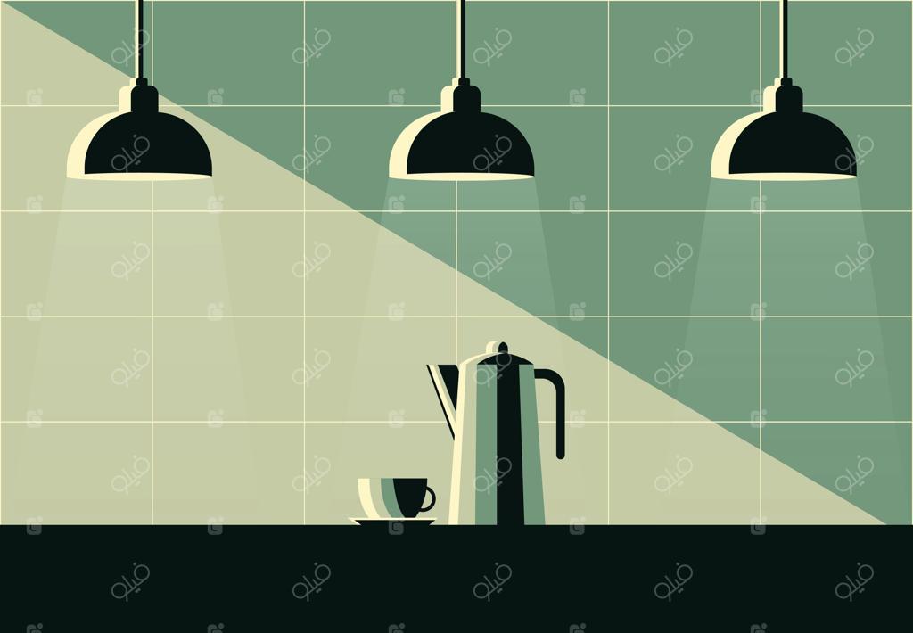 آشپزخانه به سبک رترو با قهوه‌جوش و فنجان روی میز - تصویرسازی تخت