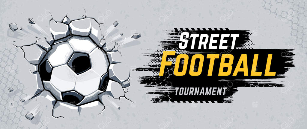 طراحی فوتبال خیابانی با توپ فوتبال که دیوار را شکسته است. تصویر وکتور.