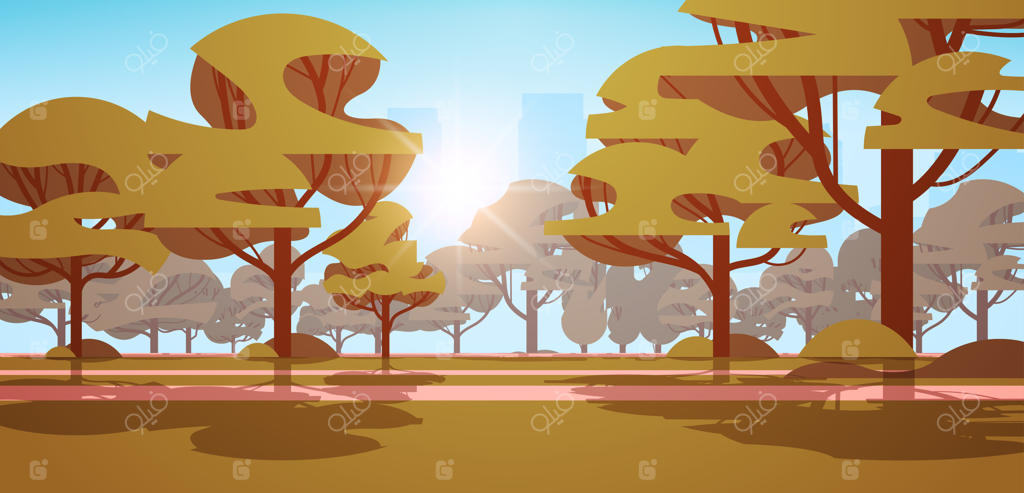 درختان سبز در پارک شهری، زیبایی منظره‌ی غروب در روزی آفتابی