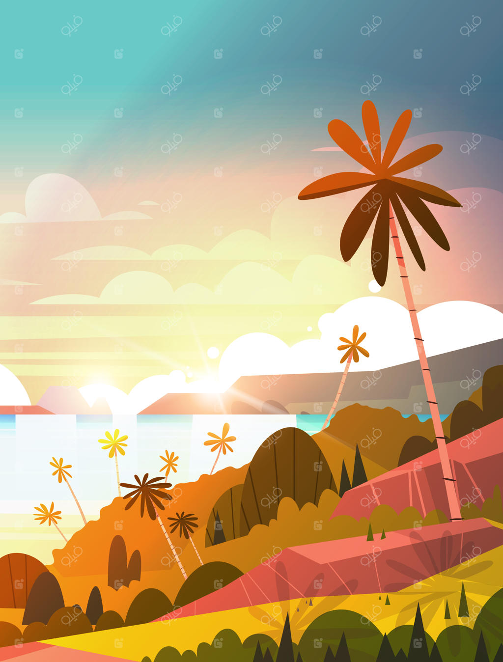 غروب شگفت‌انگیز در ساحل، پوستر اقامتگاه استوایی با درختان نخل در ساحل تابستانی