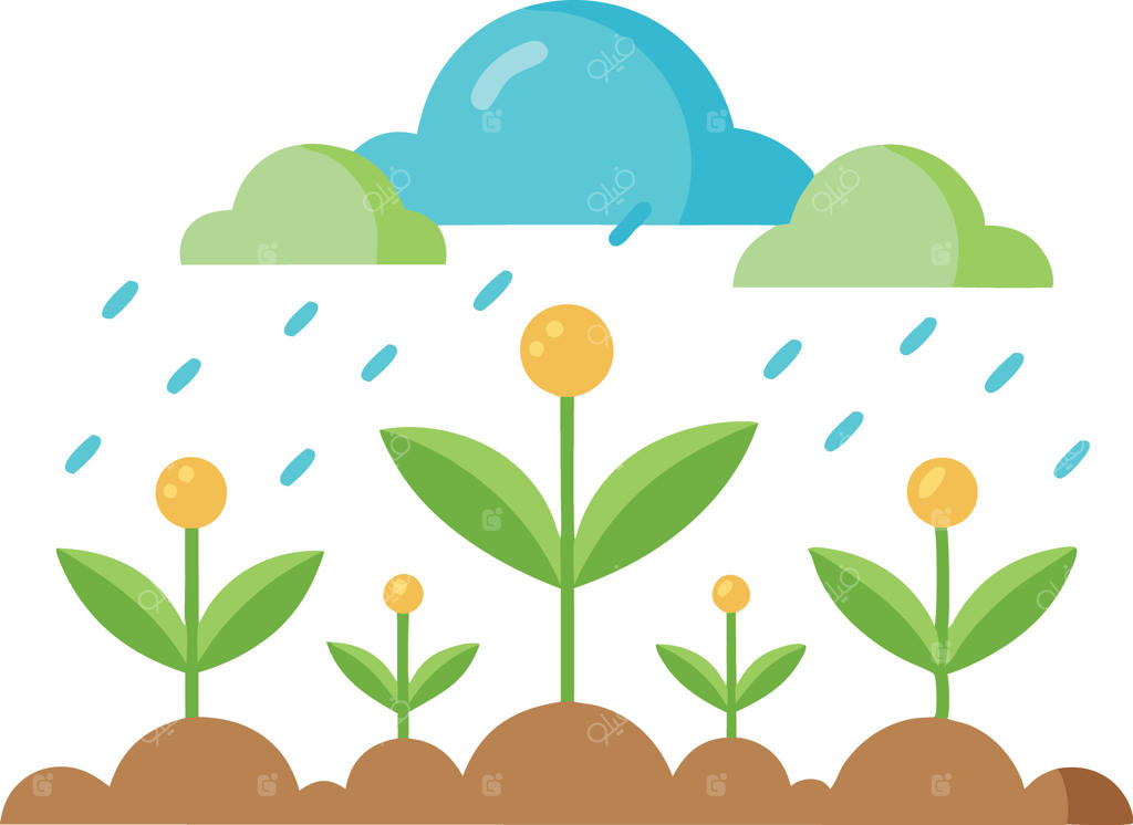 تصویری از رشد گیاهان زیر ابرهای بارانی، نمایانگر باغی سرزنده و پرنشاط