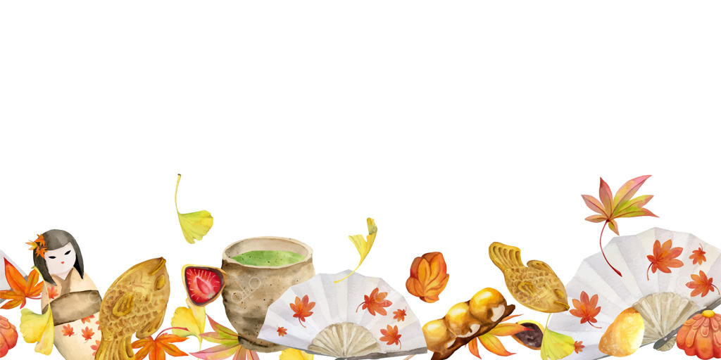 مرز پهن بدون درز با شیرینی‌های سنتی ژاپنی نقاشی شده با آبرنگ و برگ‌های پاییزی - طرحی برای دعوت‌نامه‌ها، منوی رستوران، کارت‌های تبریک، چاپ پارچه و طراحی‌ها