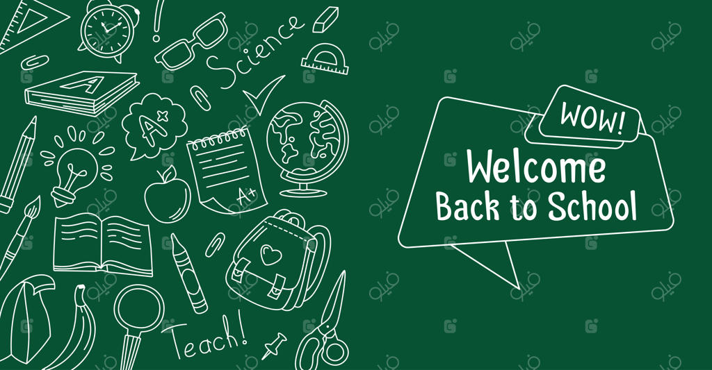 قالب بنر و پوستر خوش‌آمدگویی بازگشت به مدرسه با پس‌زمینه آموزشی و تخته سیاه
