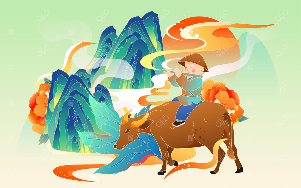 پسری چوپان بر گاو سوار است و فلوت می‌نوازد، در حالی که کوه‌ها و ابرها در پس‌زمینه هستند