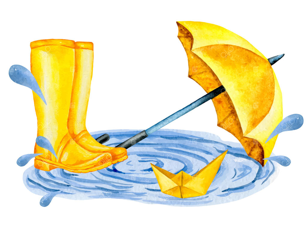 تصویرسازی روز بارانی با عناصر مجزا در پس‌زمینه سفید؛ چتر زرد، چکمه، قایق کاغذی، گودال و قطرات آب