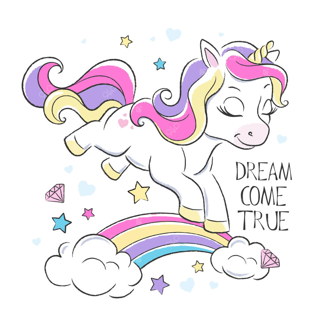 چاپ پارچه و لباس با طرح تک‌شاخ کارتونی بامزه سفید رنگ