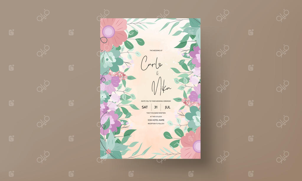 طراحی کارت دعوت عروسی زیبا با طرح گل‌های مسطح