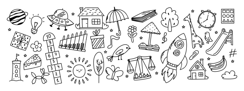 مجموعه‌ای از نقاشی‌های کودکانه: پروانه، اسباب‌بازی، گل، چتر، خانه، خورشید، درخت، حیوانات و سایر عناصر.