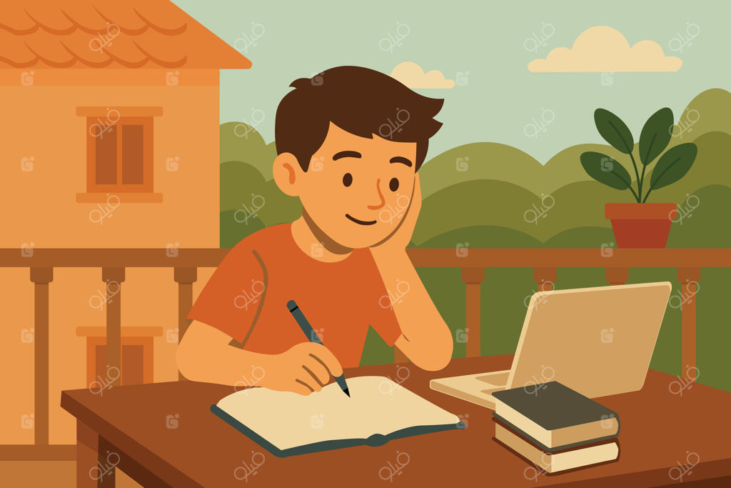 نوجوانی در بالکن شهر با طراحی ساده مشغول مطالعه است