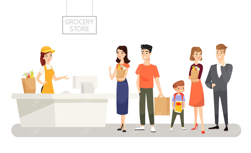 تصویر فروشگاه مواد غذایی: صف طولانی مشتریان برای خرید محصولات و مواد غذایی