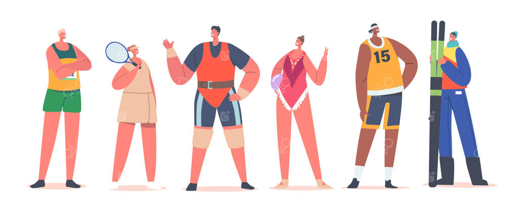 شخصیت‌های ورزشی مرد و زن: دوندگان، تنیس‌بازان، بسکتبالیست‌ها، اسکی‌بازان و وزنه‌برداران در لباس ورزشی روی پس‌زمینه سفید - تصویرسازی وکتور کارتونی
