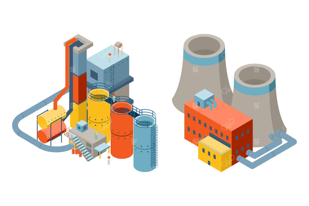 ساختمان‌های کارخانه صنعتی سه‌بعدی در نماهای ایزومتریک