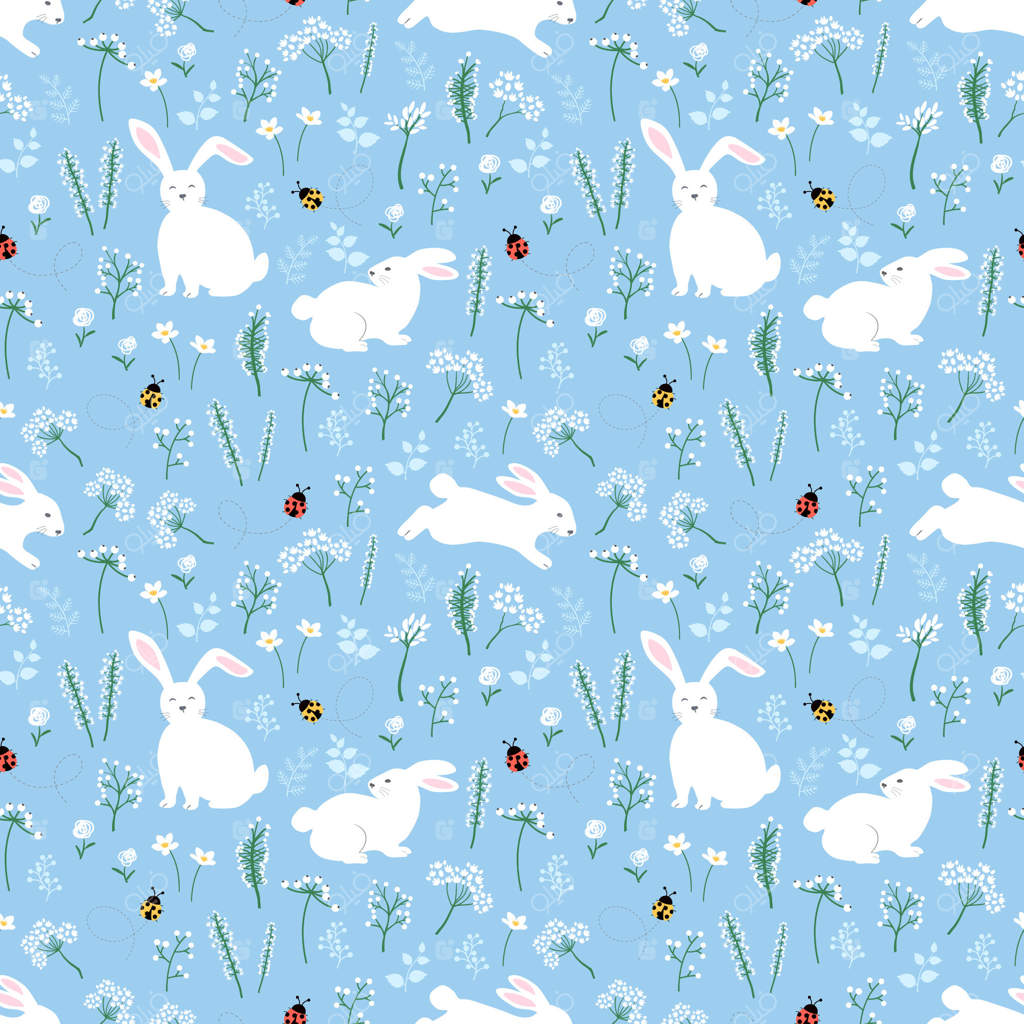 پترن یکپارچه با طرح دستی خرگوش‌های بامزه و کفشدوزک در باغ بهاری