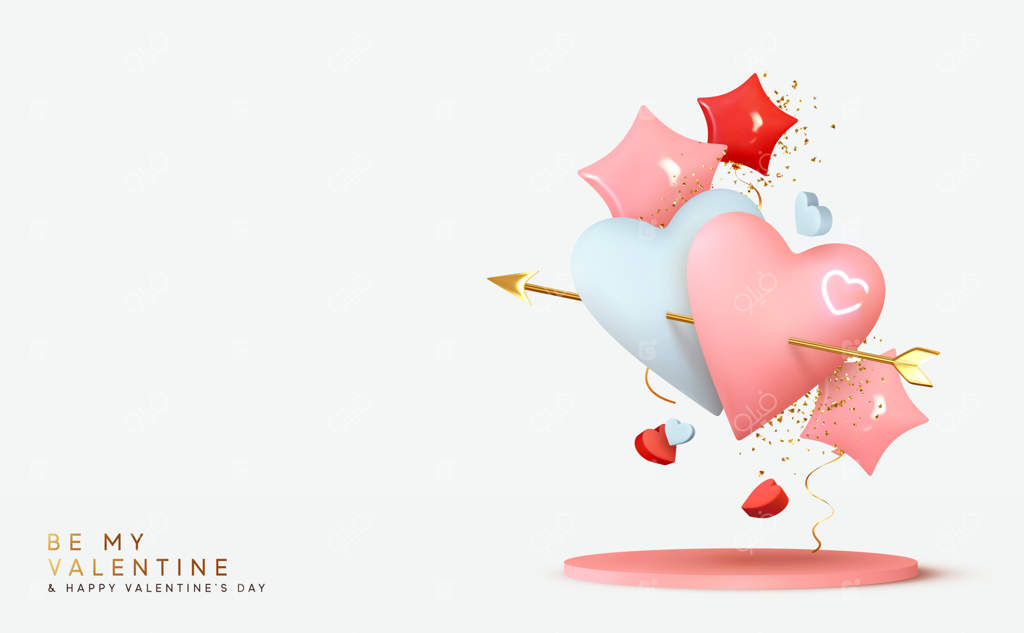 کارت هدیه روز ولنتاین: بادکنک‌های قلبی صورتی و آبی با تیر طلایی کوپید. ستاره‌های شکل واقعی از جنس هلیوم و رز قرمز. پس‌زمینه رمانتیک و جشن‌گونه.