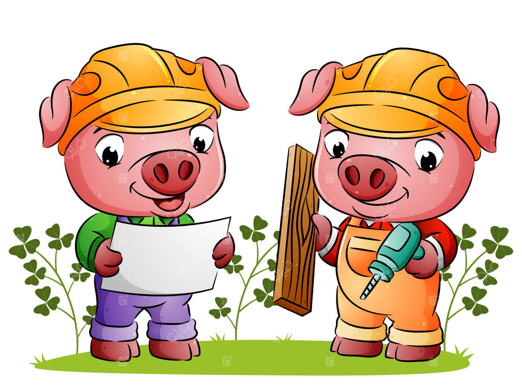 معماران خوک در حال توضیح نقشه به سازنده‌ای که در تصویر دریل نگه داشته است