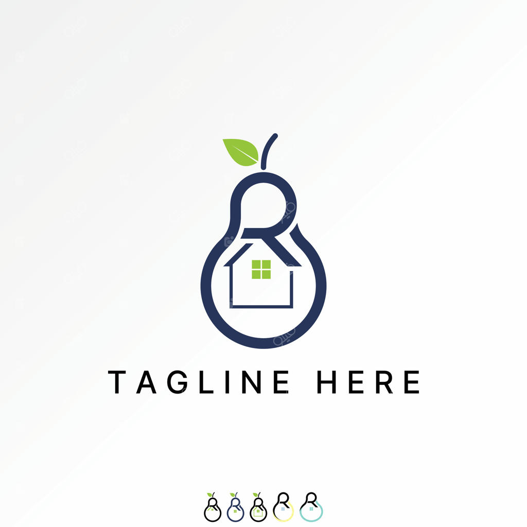 طراحی لوگو: مفهوم گرافیکی خلاقانه با حروف R و هنر میوه گلابی برای خانه‌های گیاهی و باغی