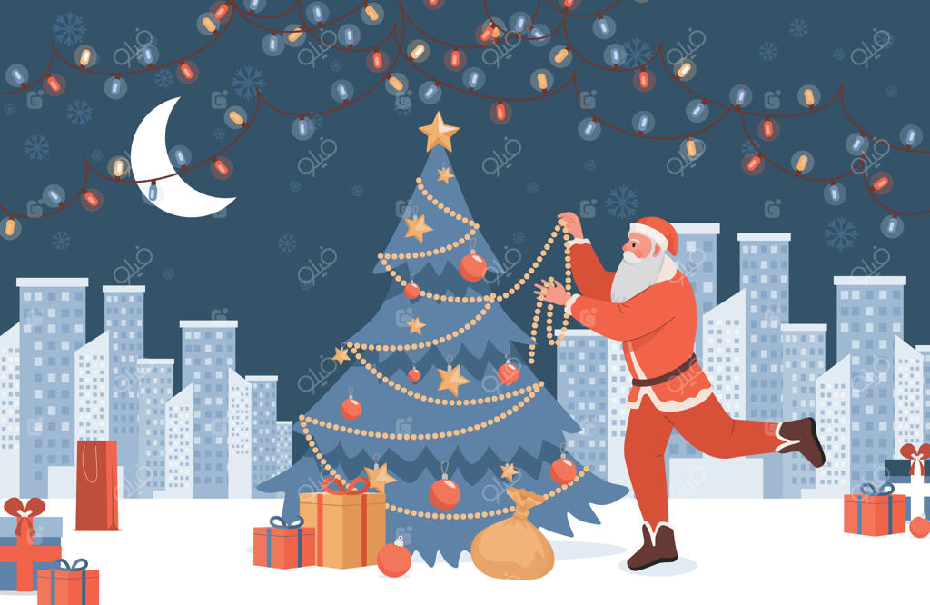 بابا نوئل در حال تزئین درخت کریسمس