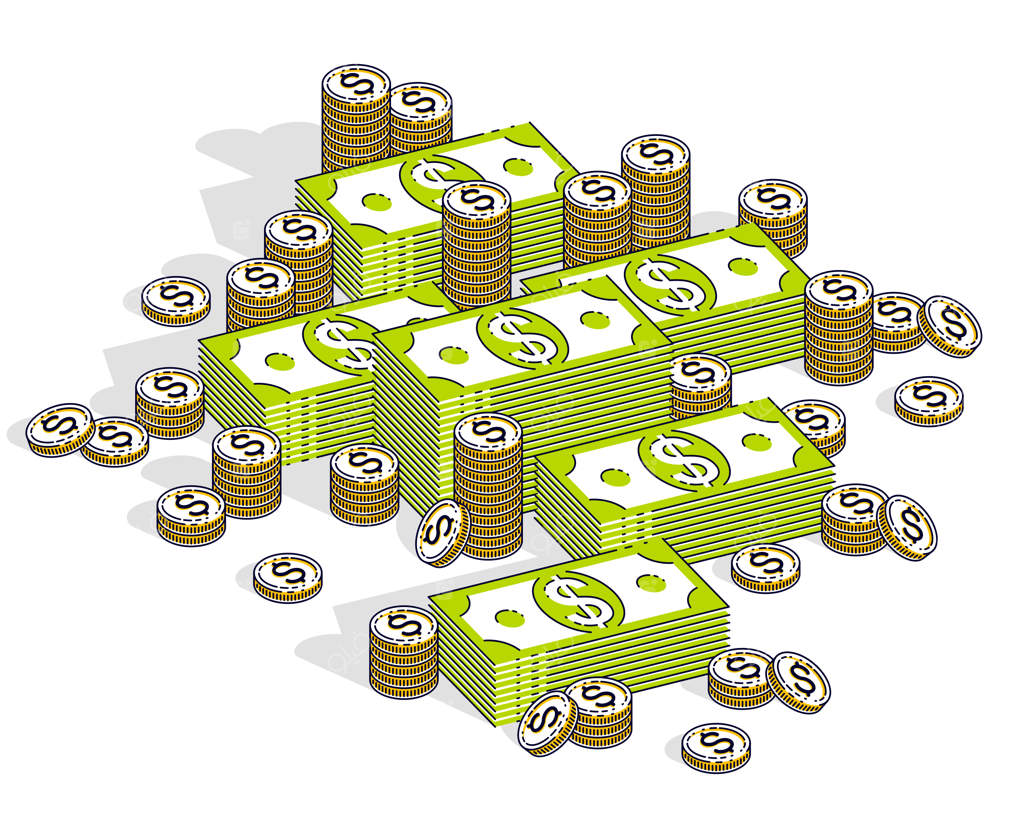 پشته‌های اسکناس و سکه‌های پول، جدا شده بر روی پس‌زمینه سفید. تصویر سه‌بعدی ایزومتریک از تجارت و امور مالی، طراحی با خطوط نازک.