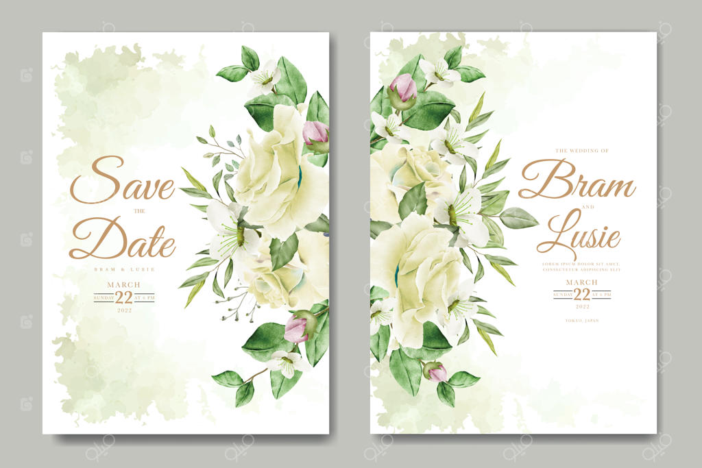 کارت دعوت عروسی با طرح گل‌های آبرنگی و برگ‌ها