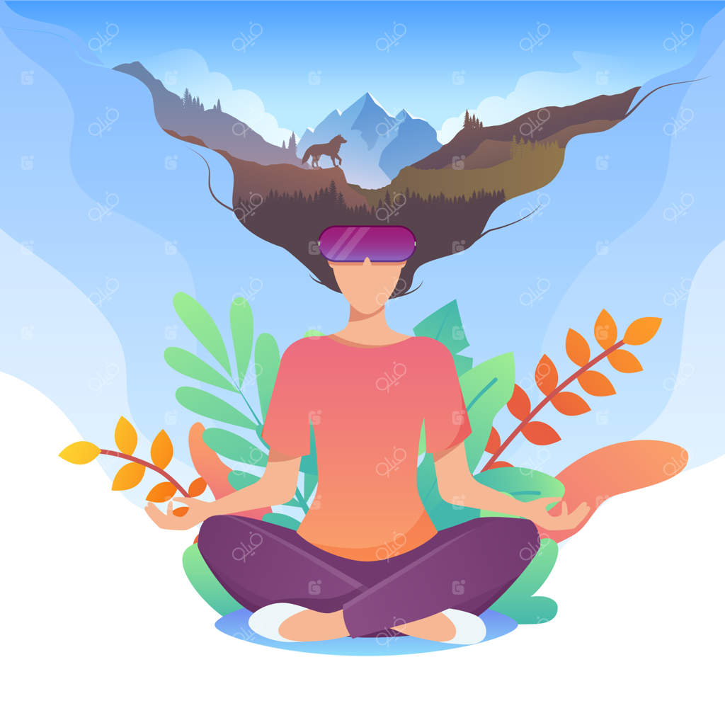 مفهوم سرگرمی دیجیتال و واقعیت مجازی. دختری در حال تعامل با طبیعت خیالی از طریق عینک VR. تصویرسازی از فضای مجازی VR