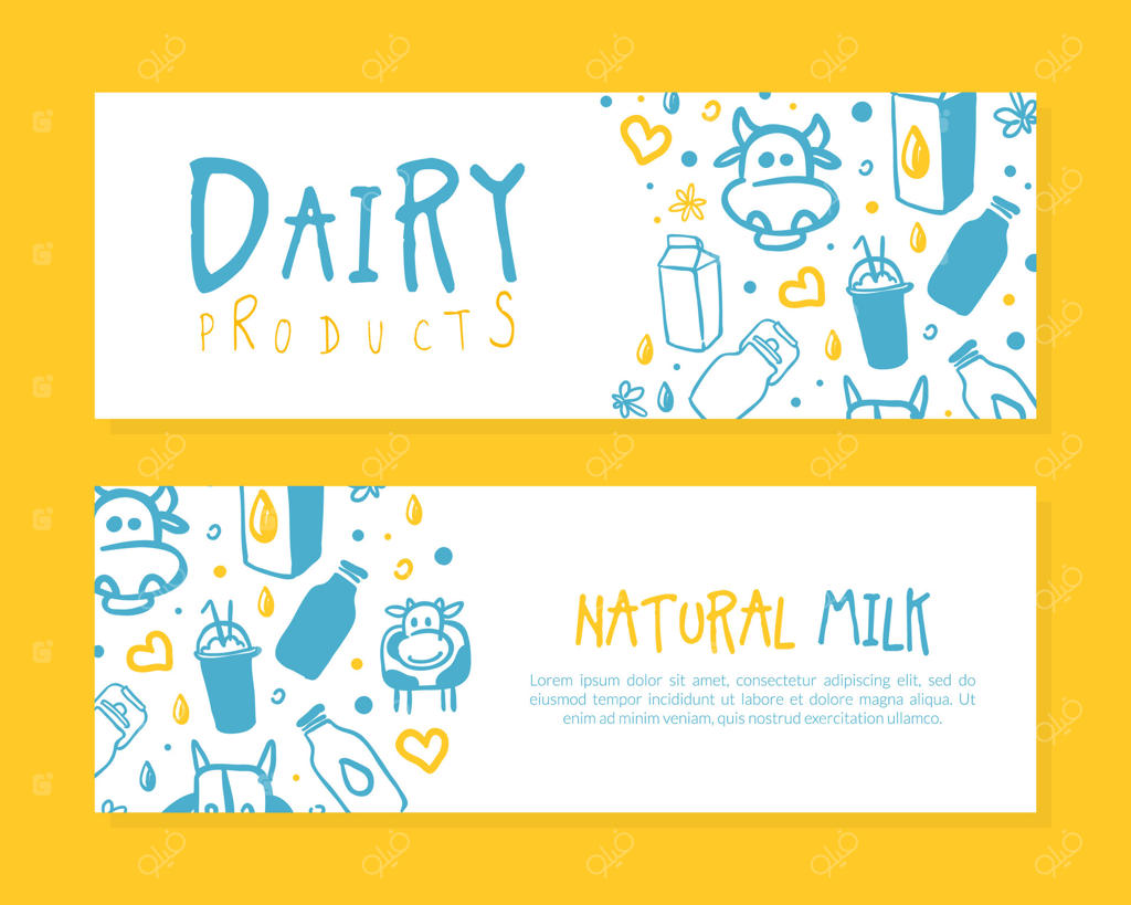 قالب بنر محصولات لبنی، بروشور شیر طبیعی، فلایر، پوستر، کارت، بسته‌بندی با تصویرسازی دستی